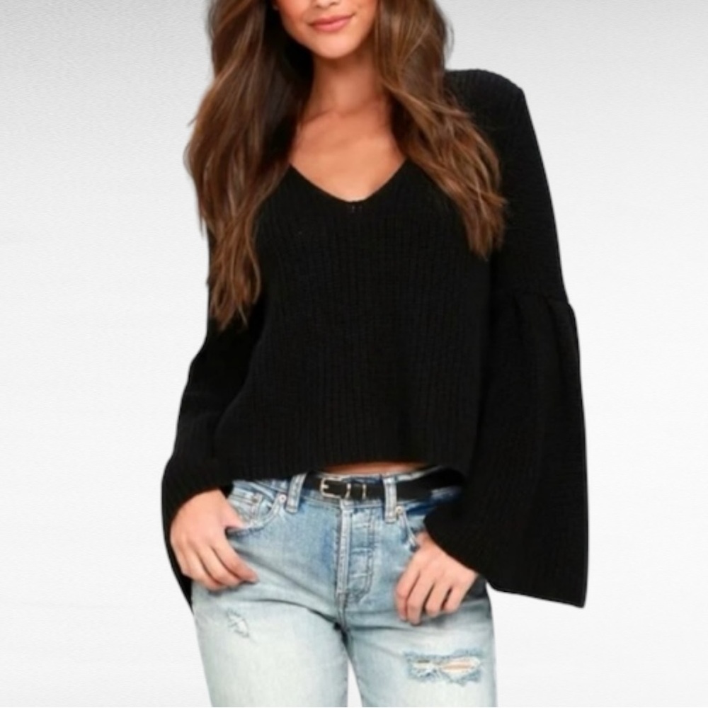 Free People | Black Oversized Knit Damsel Statement Bell Sleeve Chic Sweater